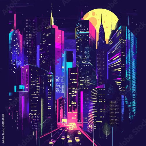 Abstract cityscape at night with neon lights and skyscrapers, urban nightlife, vector illustration for t-shirt, flat style