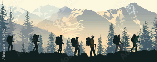 Hiking expedition, hikers, trails, and scenic views, outdoor adventure silhouettes, black silhouette, vector illustration, flat style.