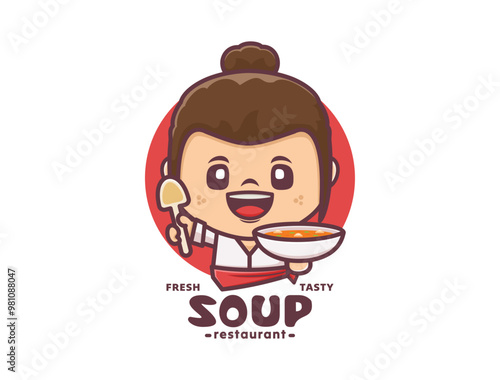 woman chef cartoon  mascot with soup. design template logo