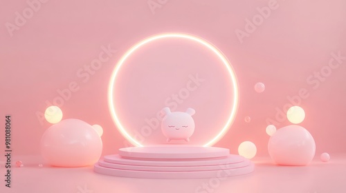 A cute, minimalist character on a pedestal surrounded by soft pink orbs and a glowing circle.