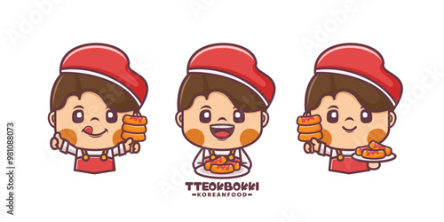 set of cartoon mascot with korean food tteokbokki