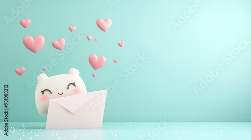 A cute character peeks from behind a pink envelope, surrounded by floating hearts. photo