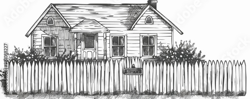 House with a picket fence sketch engraving vector illustration. Scratch board imitation. Black and white image. Vector illustration