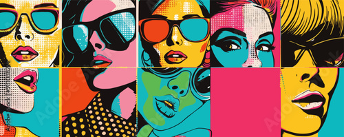 60s pop art. Bold colors, repetitive patterns, comic book elements, and cultural icons, capturing the essence of the pop art movement, vector illustration, flat style.