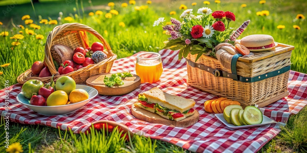 Vibrant spring picnic setup on lush green grass features a wicker basket, colorful sandwiches, fresh fruits, and cheeses, arranged on a classic checkered blanket. Vibrant spring picnic setup on lush green grass features a wicker basket, colorful sandwiches, fresh fruits, and cheeses, arranged on a classic checkered blanket.