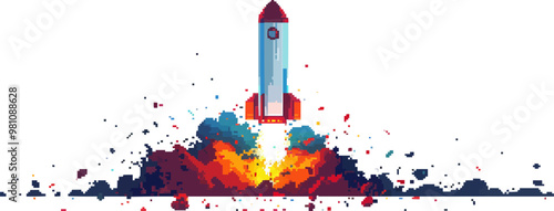 Illustrate a pixelated space rocket blasting off, pixel art on white isolated background, vector design.