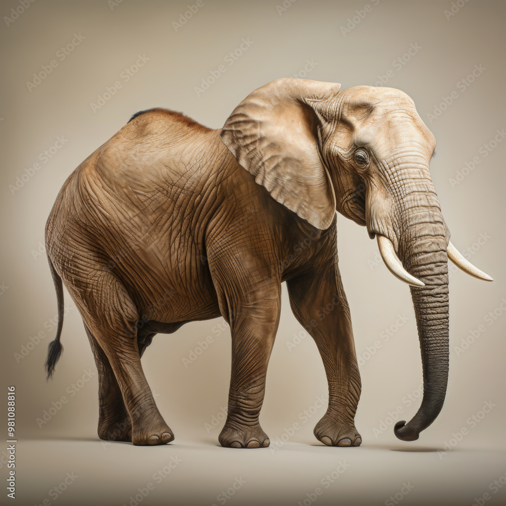 Fototapeta premium A detailed portrait of a majestic elephant with large tusks, standing gracefully against a neutral background, showcasing its natural beauty and strength