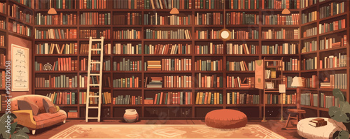 Classic library scene with tall bookshelves, a rolling ladder, and cozy reading nooks, flat, vector illustration,
