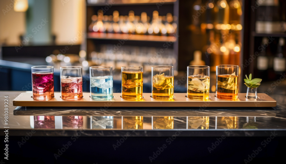A row of vibrant cocktails in different colors served on a bar counter, showcasing a diverse selection of drinks in a stylish, upscale bar setting A row of vibrant cocktails in different colors served on a bar counter, showcasing a diverse selection of drinks in a stylish, upscale bar setting