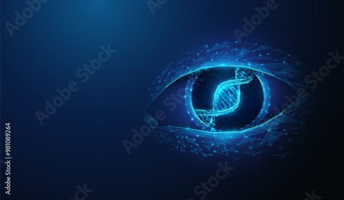 Abstract illustration of human dna helix inside eye pupil in low poly style. Blue geometric background depicting human genetics, eyes healthcare and medicine concept by wireframe connection structure