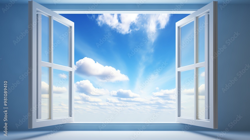 A bright blue sky with fluffy clouds seen through an open window, creating a sense of freedom and inspiration. A bright blue sky with fluffy clouds seen through an open window, creating a sense of freedom and inspiration.