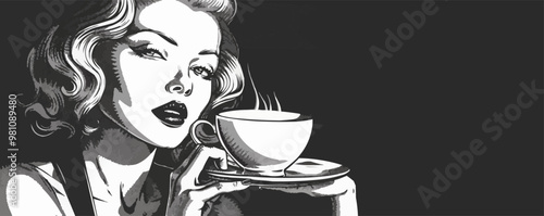 Classic pin-up teacup with a saucer, vector illustration, pin-up style, imitation of a scratch board, black and white image.