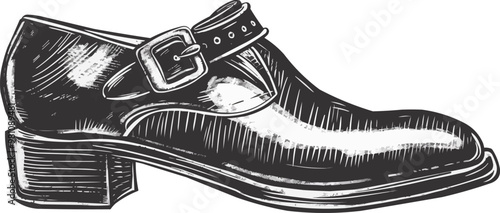 Classic pin-up shoe with a buckle, vector illustration, pin-up style, imitation of a scratch board, black and white image.
