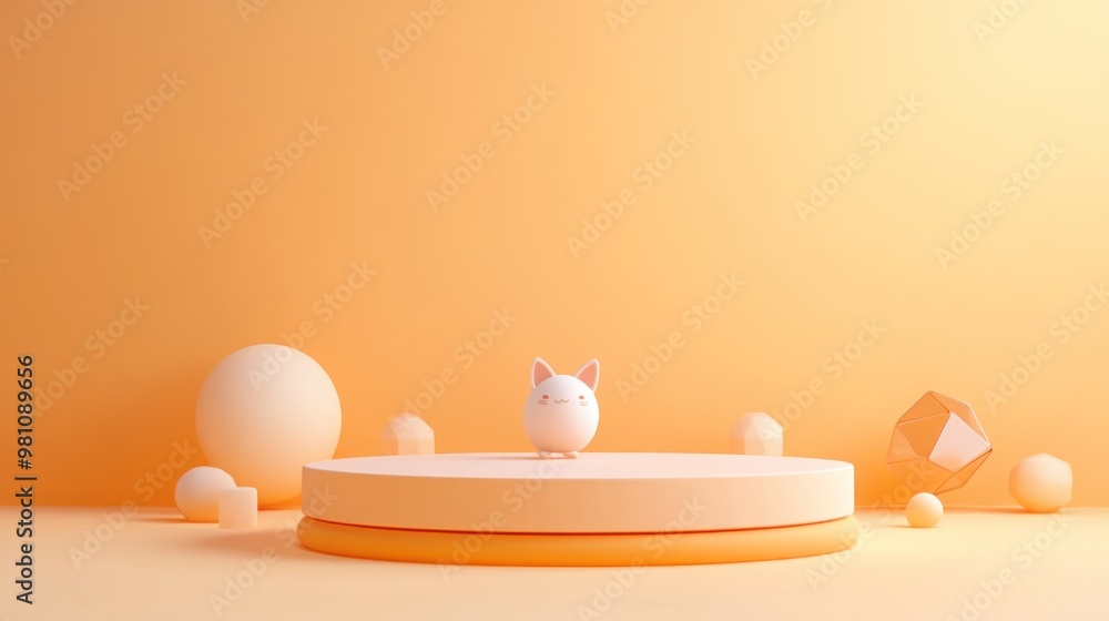A cute, stylized cat figure on a circular platform surrounded by geometric shapes in a warm setting. A cute, stylized cat figure on a circular platform surrounded by geometric shapes in a warm setting.
