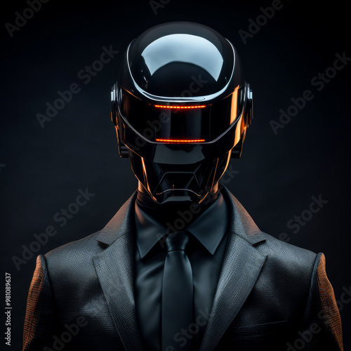 A futuristic figure wearing a glossy black helmet and sleek suit, blending sci-fi elements with modern fashion in a mysterious, high-tech setting photo