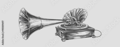 Classic pin-up gramophone with a horn speaker, vector illustration, pin-up style, imitation of a scratch board, black and white image.