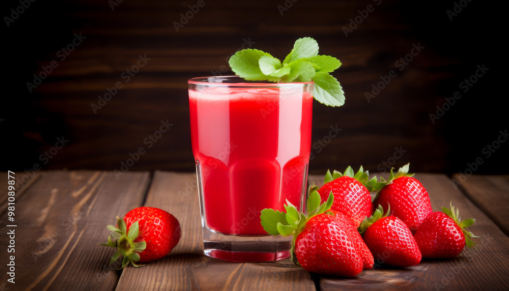 A glass of freshly made strawberry juice garnished with mint leaves, surrounded by ripe strawberries on a rustic wooden surface A glass of freshly made strawberry juice garnished with mint leaves, surrounded by ripe strawberries on a rustic wooden surface