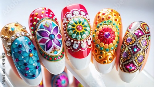 Vibrant nail art designs adorn acrylic nails on a sleek display stand, showcasing intricate patterns, glittering gems, photo