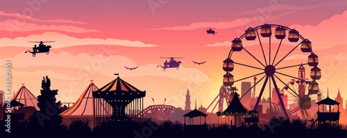 Fairground attractions, Ferris wheel and carousel, carnival fun, vector illustration, black silhouette, flat style.