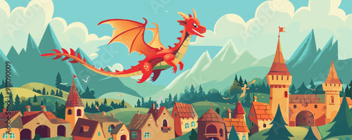 Fantasy dragon flying over a medieval village, Vector flat minimalistic isolated illustration