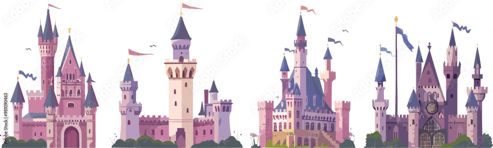 Fototapeta premium Fantasy medieval castle and kingdom icons, Vector flat minimalistic isolated illustration