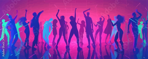 Modern dance, dancers in neon-lit settings, expressive movements, performance art, neon style, vector illustration, flat style.