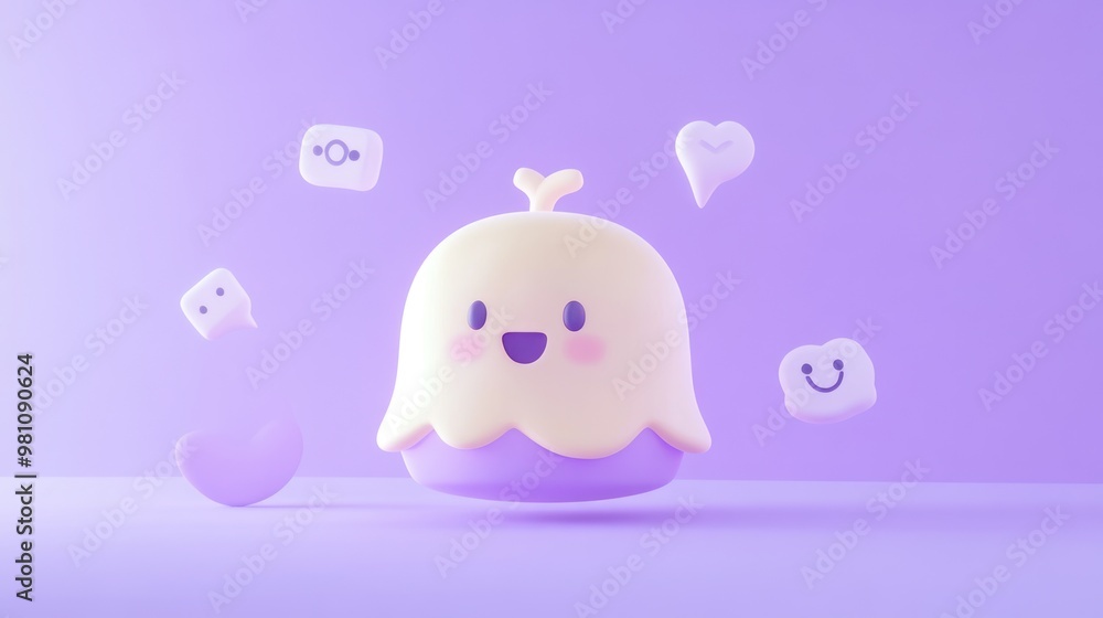 A cute, smiling jelly-like character with floating icons in a pastel purple setting. A cute, smiling jelly-like character with floating icons in a pastel purple setting.