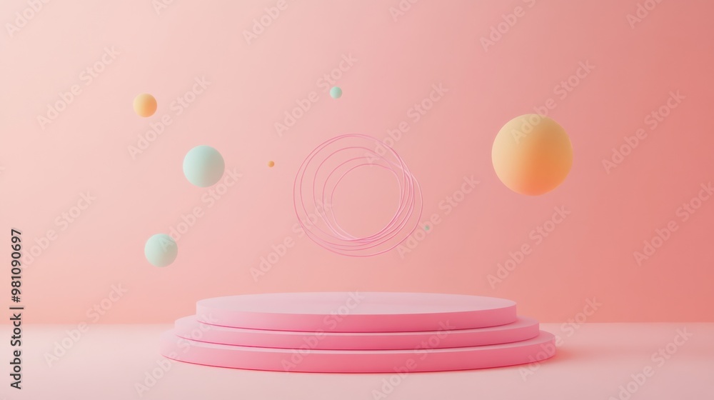 Abstract pastel scene with floating spheres and a circular design on a pink background. Abstract pastel scene with floating spheres and a circular design on a pink background.