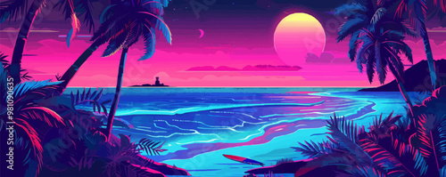 Neon cityscape, bustling streets with vibrant signs and lights, urban energy, neon style, vector illustration, flat style.