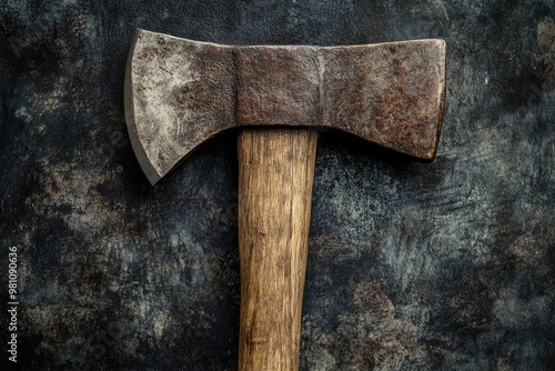 A Rusty Axe With a Wooden Handle on a Dark Textured Surface