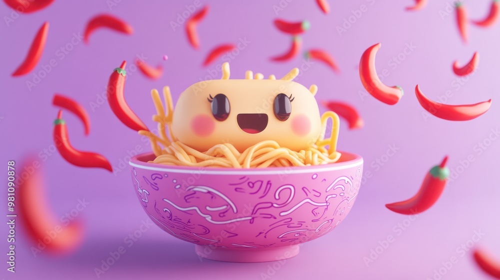 A cute character made of noodles in a colorful bowl surrounded by chili peppers. A cute character made of noodles in a colorful bowl surrounded by chili peppers.