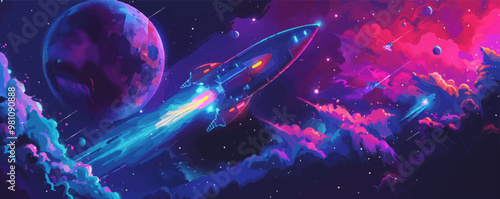 Neon space travel, astronauts and spacecraft in a vibrant galaxy, interstellar journey, neon style, vector illustration, flat style.