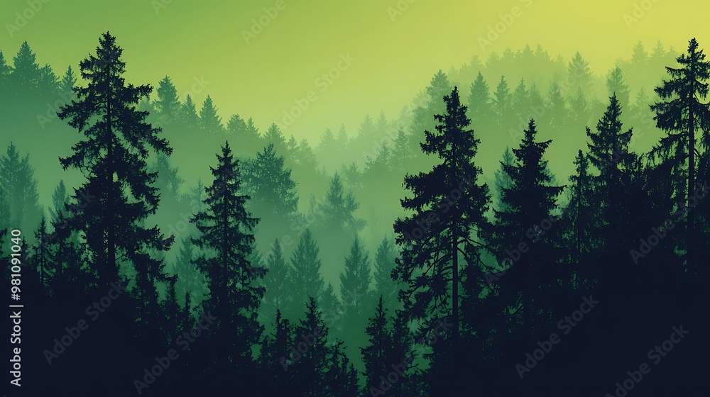 Fototapeta premium A serene forest landscape with silhouettes of trees against a misty background.