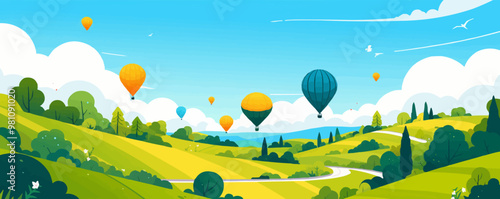Floating hot air balloons over a scenic landscape, Vector flat minimalistic isolated illustration