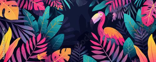 A colorful background with a pink flamingo in the foreground. The flamingo is surrounded by a variety of tropical foliage, giving the impression of a lush, vibrant jungle