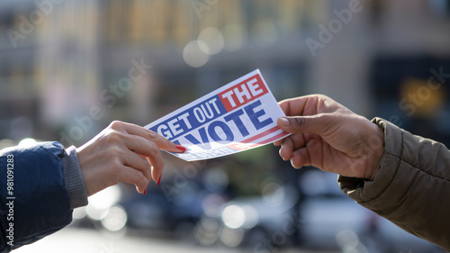 Get out vote flyer being passed between hands, emphasizing civic engagement and participation in electoral process. This moment captures importance of voting photo