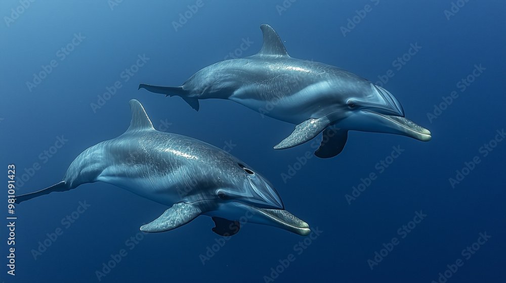 Fototapeta premium Two dolphins swimming in the deep blue sea