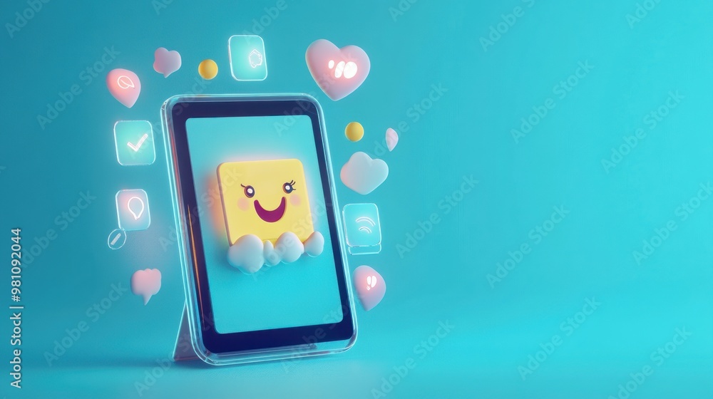A cheerful tablet surrounded by social media icons on a vibrant blue background. A cheerful tablet surrounded by social media icons on a vibrant blue background.