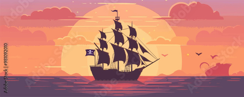 A large pirate ship sails on the ocean with a large flag on the mast. The sky is orange and the sun is setting