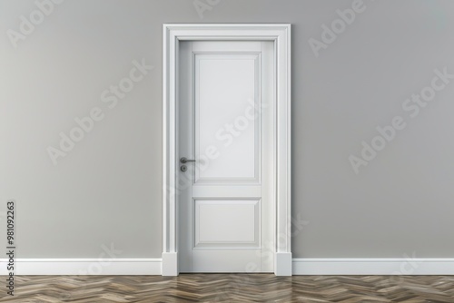 Doors for modern interior. Closed wooden door, metallic handle in the empty room. Copy space. Panel door, gray wall, white baseboard and wood floor. Element of apartment design. Swing interior door.