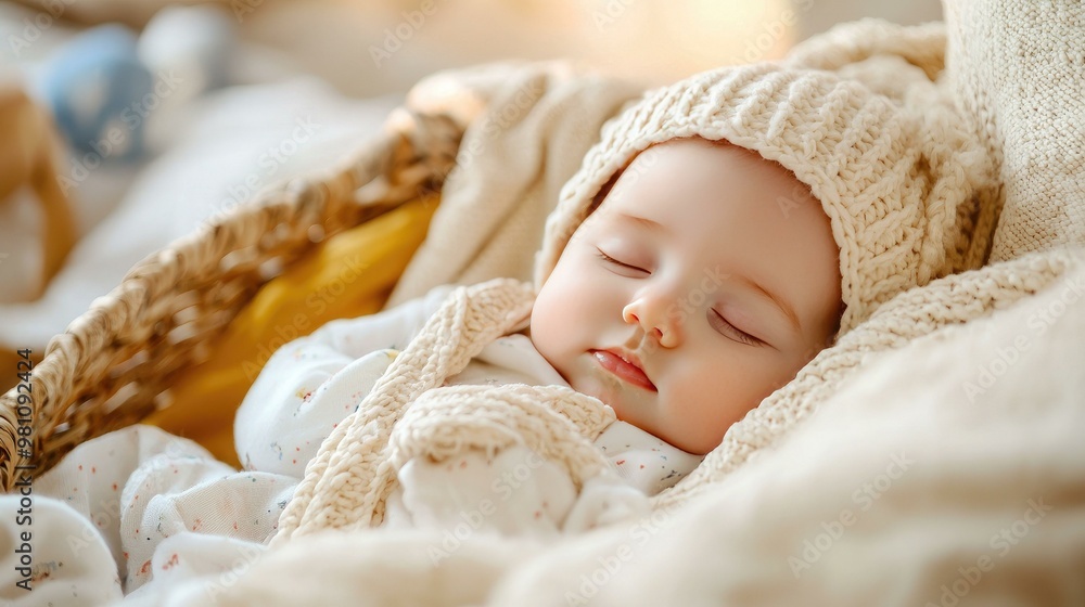 A heartwarming close-up of a baby snuggled in a cozy basket, radiating warmth and comfort in this inviting scene that captures the essence of peaceful childhood moments.