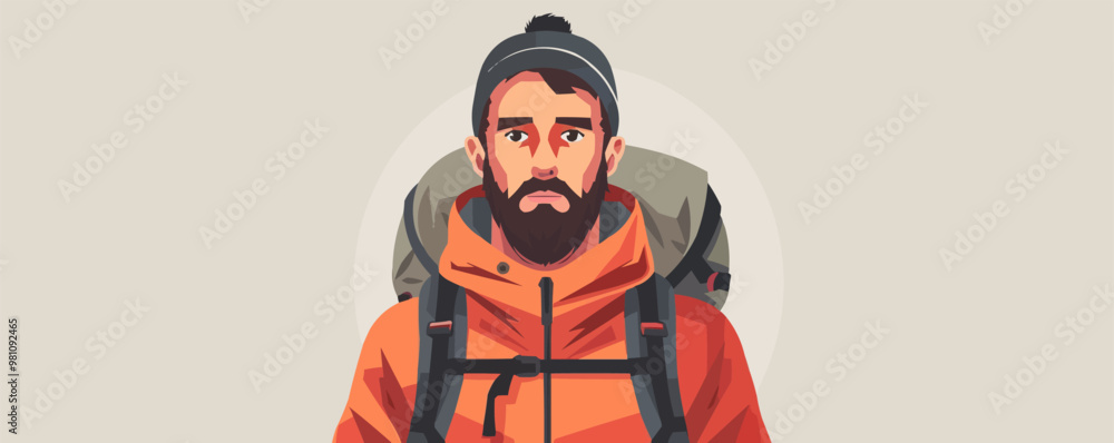 Man with a rugged look and outdoor gear, flat portrait, vector illustration. Man with a rugged look and outdoor gear, flat portrait, vector illustration.