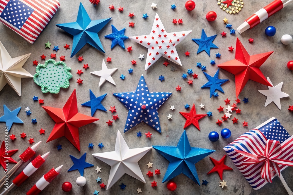 Vibrant patriotic children's crafts spread on a light gray background, featuring paper stars, glue, and colorful embellishments, perfect for Fourth of July or Memorial Day themes. Vibrant patriotic children's crafts spread on a light gray background, featuring paper stars, glue, and colorful embellishments, perfect for Fourth of July or Memorial Day themes.