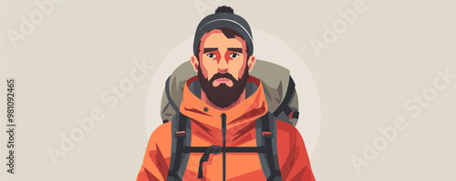 Man with a rugged look and outdoor gear, flat portrait, vector illustration. photo