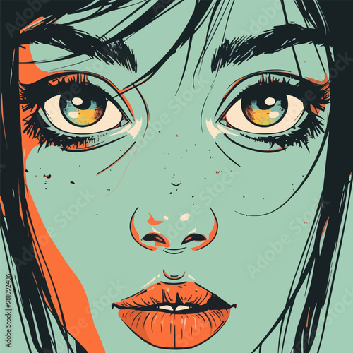 Manga style portrait with large expressive eyes and stylized features, flat portrait, vector illustration.