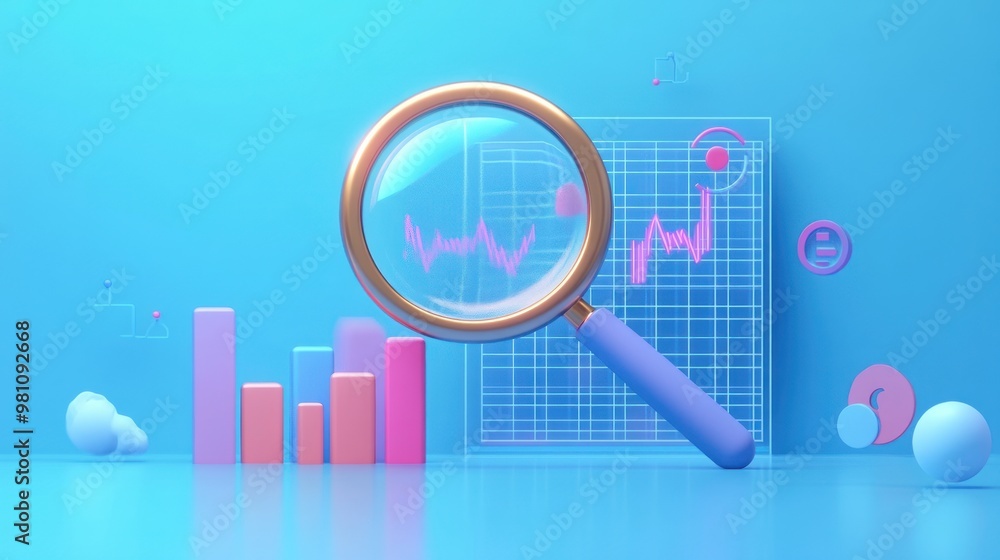 A magnifying glass over a graph and bar chart, symbolizing data analysis and insights. A magnifying glass over a graph and bar chart, symbolizing data analysis and insights.