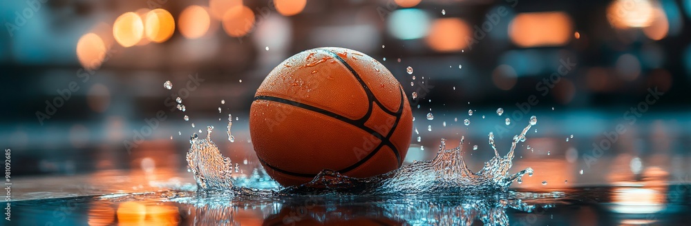 Basketball on Wet Court with Water Droplets in Arena -- AI generated illustration Basketball on Wet Court with Water Droplets in Arena -- AI generated illustration