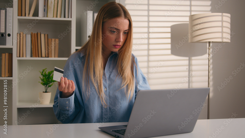 Confused puzzled client female hold bank credit card try to pay online annoyed with payment rejection problem wrong password. Worried girl woman trouble virtual money unsuccessful shopping with laptop Confused puzzled client female hold bank credit card try to pay online annoyed with payment rejection problem wrong password. Worried girl woman trouble virtual money unsuccessful shopping with laptop