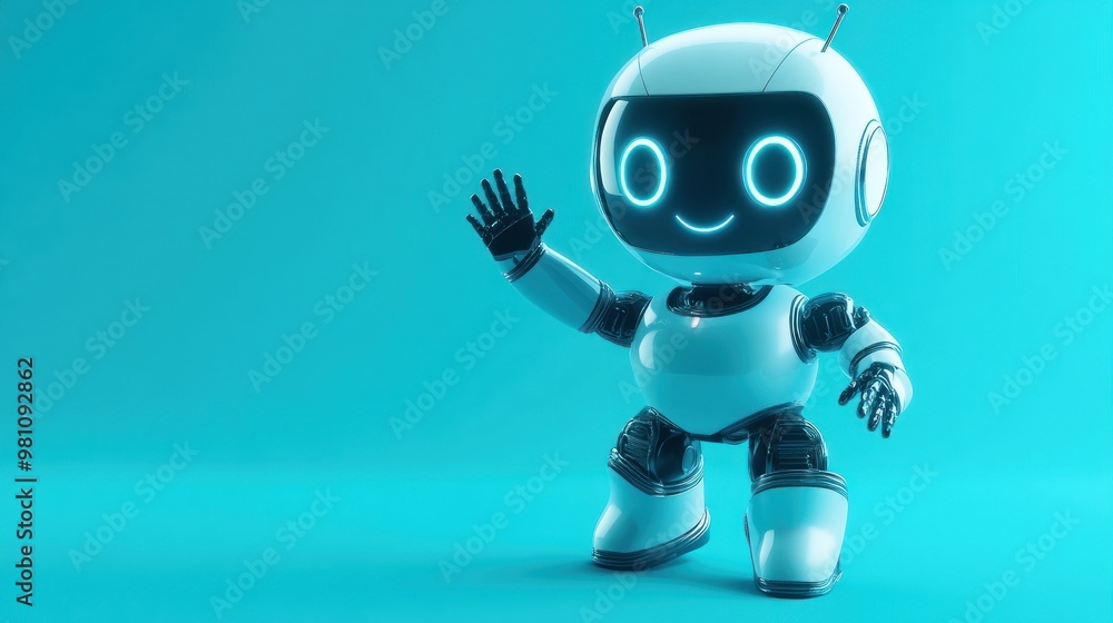 A friendly robot with a smiling face, waving in a bright blue background. A friendly robot with a smiling face, waving in a bright blue background.