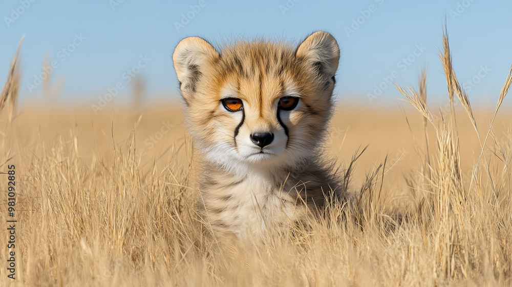 Obraz premium A baby cheetah cub is sitting in the tall grass of an African savanna